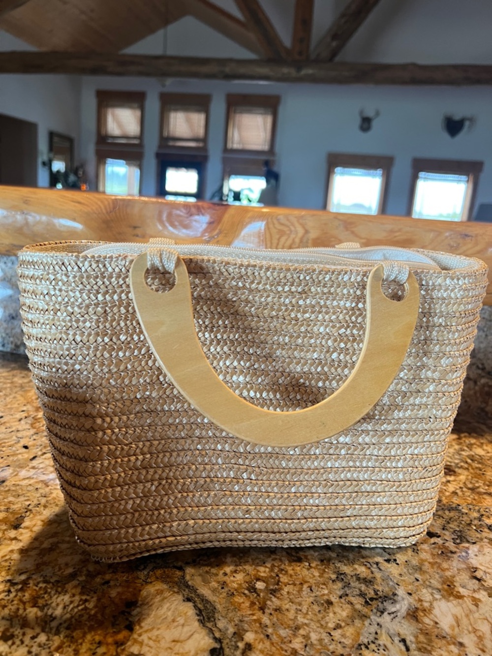 Woven Straw Tote Bag with Beige Handles - Picture 5 of 9